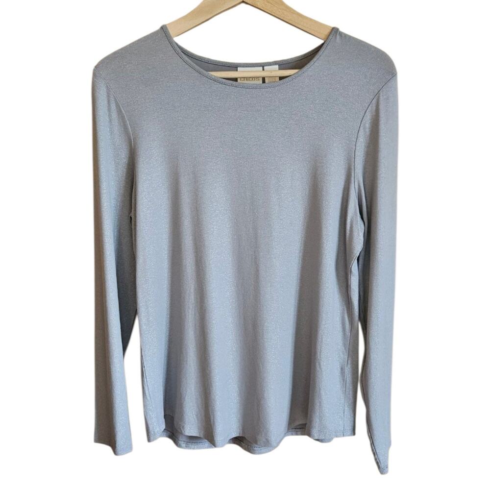 Chico's Top Womens Medium Gray Shimmer Long Sleeve Scoop Neck Rayon Stretch